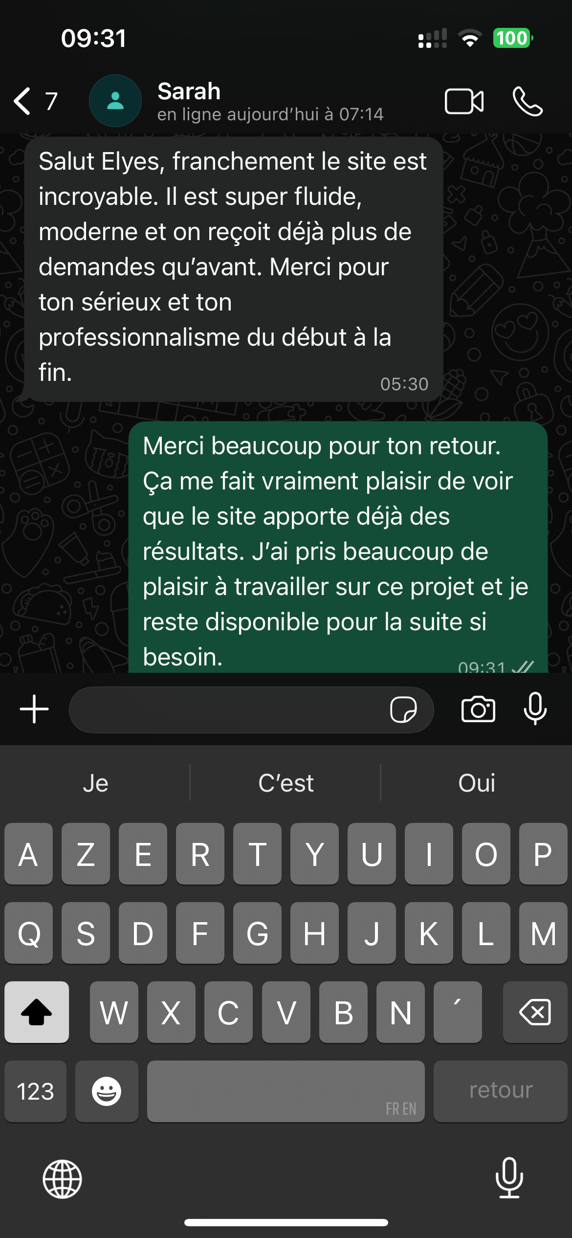Avis client Basilis Digitale - Capture d'écran WhatsApp/Slack 6